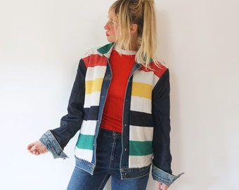 Vintage Levis Hudson Bay Denim Wendejacke | Jeans Gestreifte Levis Jacke | Levi&#39;s Trucker