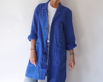 de travail vintage Bleu Chore Duster Shop | Veste smockée en coton bleu utilitaire pour tâches ménagères | Trench-coat Painter Shop