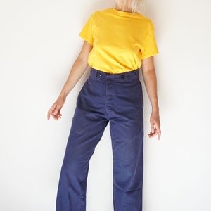 Pantalones de trabajo Vintage Work Deep Indigo 27-32 con cintura alta, pantalones utilitarios de algodón azul marino con espiga y botones en la bragueta