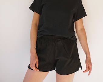 vintage 26-32 Short de loisirs noir en coton | Short élastique à la taille | P-M-G