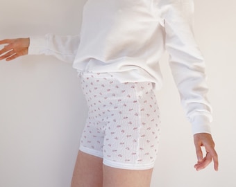 Vintage French Sweet Pea Pointelle Bike Shorts | French White Cotton Rib Knit Shorts | French Pointelle