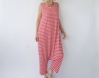 Mono vintage de rayas francesas rojas y blancas / Mono de verano sin mangas con cuello barco / Mono marinero perfecto / Mono bretón