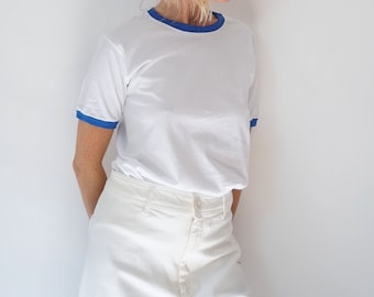 Vintage White Blue Ringer T Shirt | Crewneck Tee Cotton | 100% Cotton | The Perfect Tee | S-M