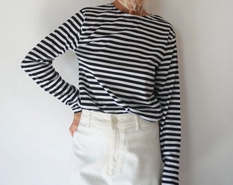 Vintage French Stripes Black And White Cotton T-Shirt | Boat Neck Long Sleeve Top | Perfect Sailor Mariniere | Breton Shirt