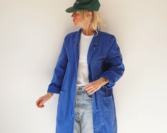 Vintage Blue Chore Duster Shop Work Coat | Utility Blue Cotton Chore Smock Jacket | Painter Shop Coat Trench