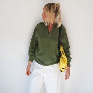 Vintage Moss Green Half Zip Sweatshirt | Midweight Long Sleeve Thermal | Unisex Terry Interior Blank Cozy Sweat | Perfect Layer