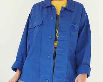 Vintage Royal Blue Cotton Chore Jacket | Cotton German Workwear Jacket | Utility French Work Shirt