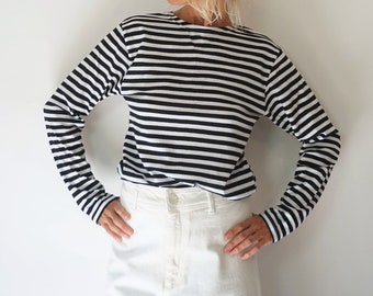 Vintage French Stripes Black And White Cotton T-Shirt | Boat Neck Long Sleeve Top | Perfect Sailor Mariniere | Breton Shirt