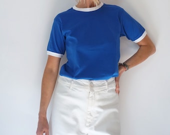 Vintage Royal Blue White Ringer T Shirt | Crewneck Tee Cotton | 100% Cotton | The Perfect Tee | S-M