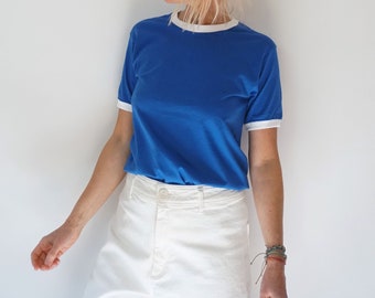 Vintage Royal Blue White Ringer T Shirt | Crewneck Tee Cotton | 100% Cotton | The Perfect Tee | S-M