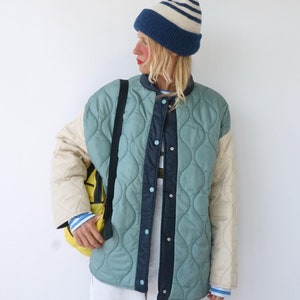 Vintage Sage Green Crème Navy Color Block Quilted Jacket | Quilt Liner Coat Oversized  | Unisex Round Quilted Puffer Coat Bomber | M