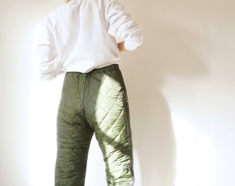 Vintage Military Quilted Liner Pants | Green Quilt Cotton Army High Waist Liner Pants |  Insulated Puffer | S