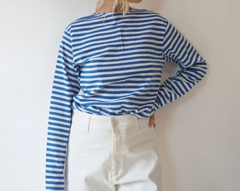 Vintage French Stripes Blue And White Cotton T-Shirt | Boat Neck Long Sleeve Top | Perfect Sailor Mariniere | Breton Shirt