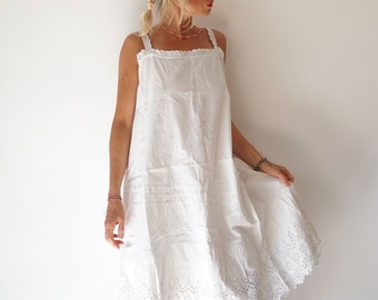 Vintage Antique French Linen Slip Dress | Antique White Cotton Edwardian Nightgown | Market Dress Provençal