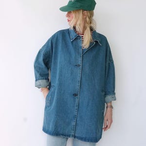 Denim Chore Duster Shop Work Coat | Utility Medium Blue Denim Cotton Chore Smock Jacket | Painter Shop Coat Trench