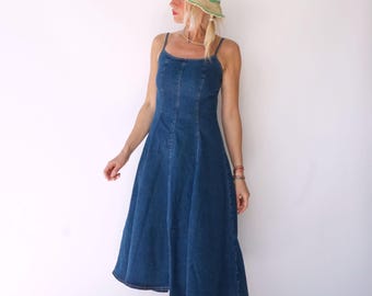 Vintage Denim Longline Sundress | 90s Medium Blue Denim Jumpsuit Dress | Adjustable Spaghetti Straps Dress