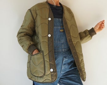 Vintage Military Quilted Liner Jacket White Buttons Oversized | Green Quilt Cotton Army Liner Coat | Military Puffer Coat Bomber | S