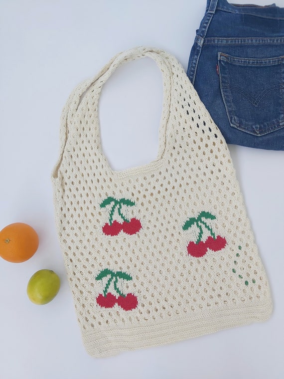Vintage Cherries White Crochet Handwoven Bag | Fa… - image 5