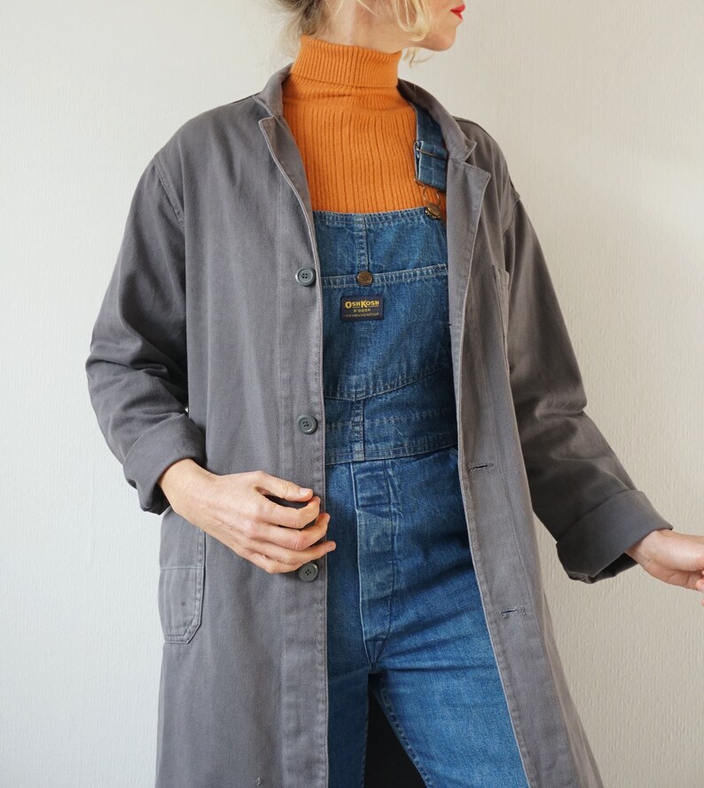 Vintage Gray German Duster Coat Utility Duster Chore Shop Coat S M Work Jacket Artist Smock