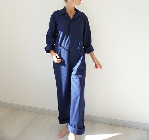 Vintage Deep Indigo Cotton Coverall | Herringbone
