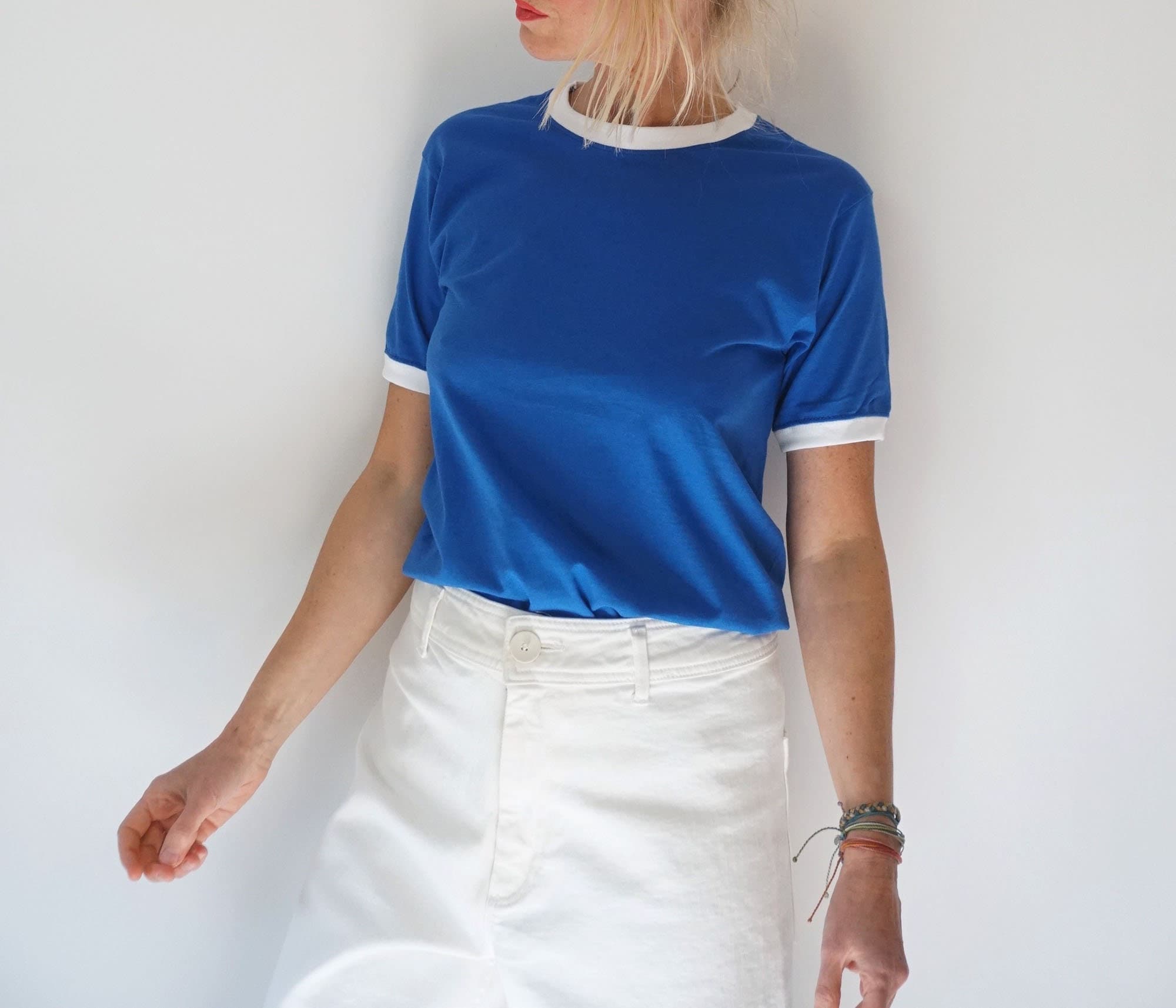 Vintage Royal Blue White Ringer T Shirt | Crewneck Tee Cotton 