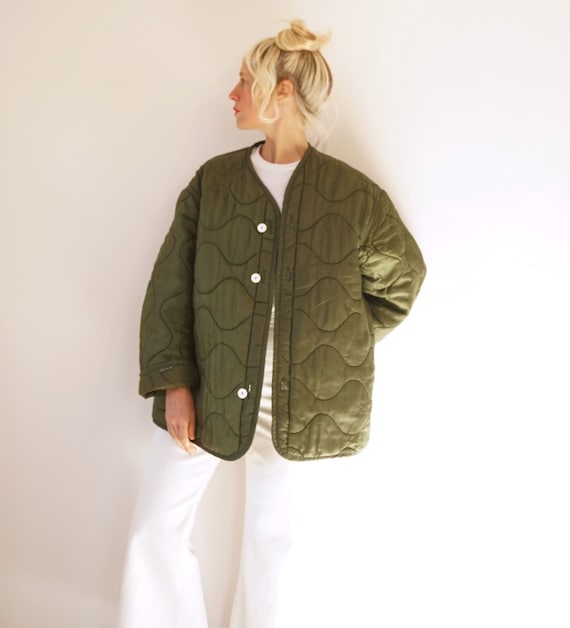 Vintage Military Quilted Liner Jacket White Button