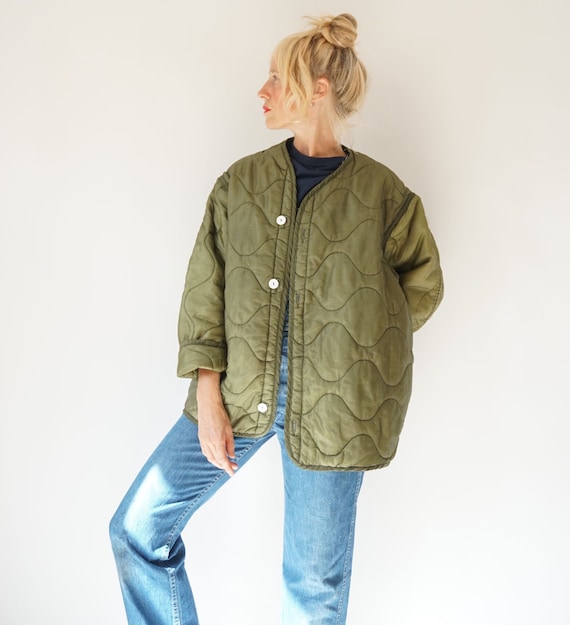 Vintage Military Quilted Liner Jacket White Button