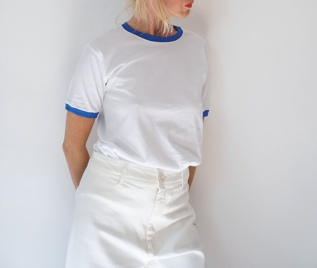 Vintage White Blue Ringer T Shirt | Crewneck Tee Cotton