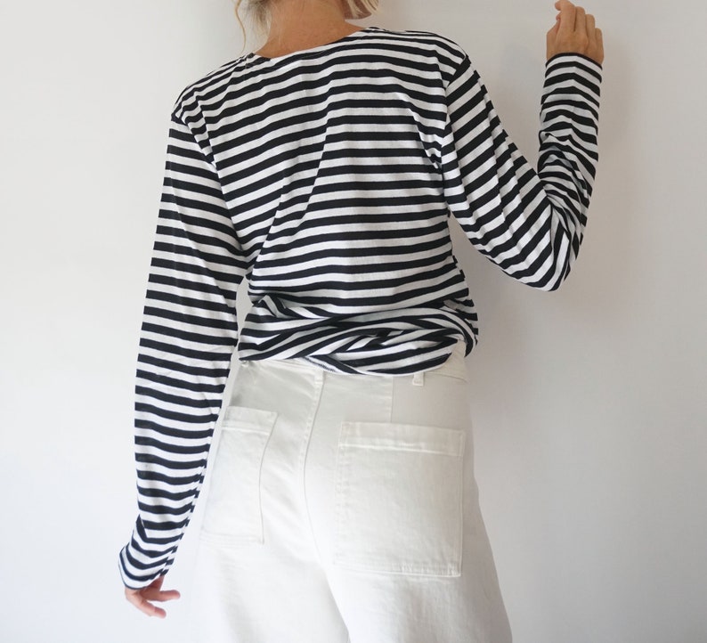 Vintage French Stripes Black and White Cotton T-shirt Boat Neck Long ...