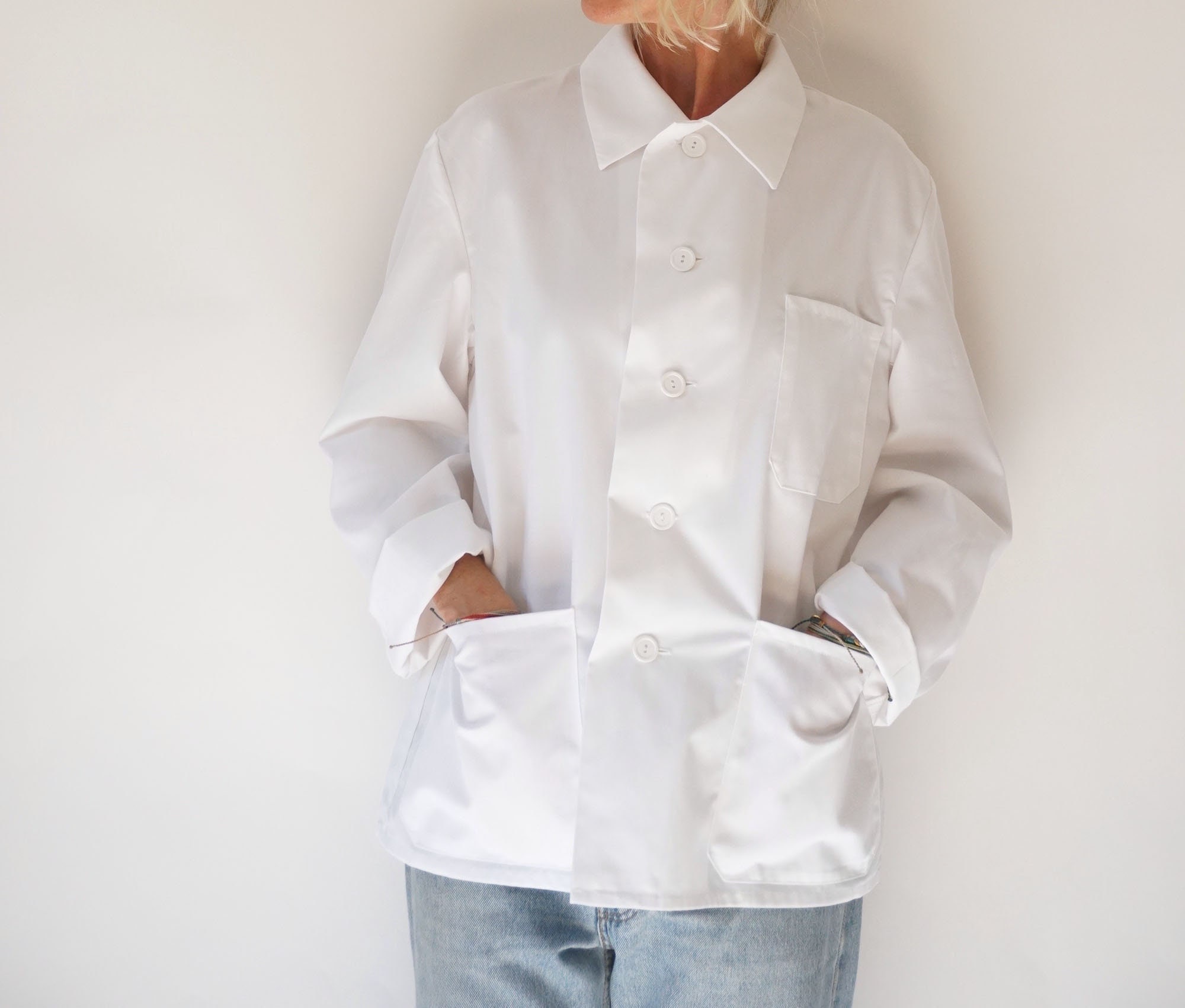 Vintage White German Chore Coat Work Jacket | Three Pocket