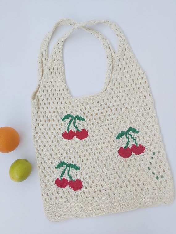 Vintage Cherries White Crochet Handwoven Bag | Fa… - image 2