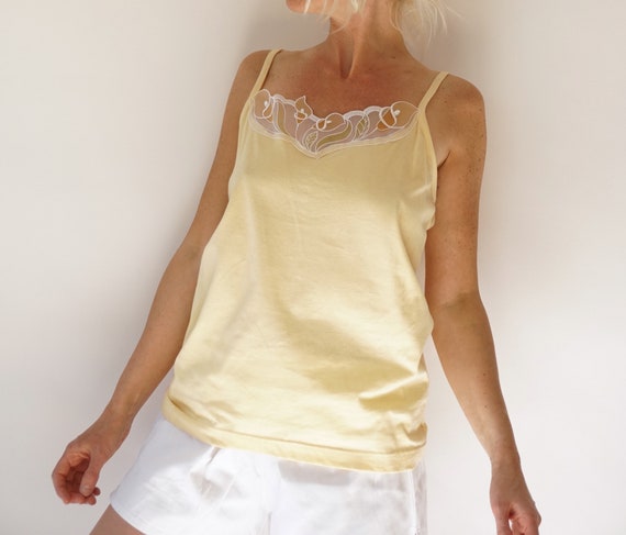 Vintage Butter Yellow Cotton Camisole w/ Floral E… - image 3