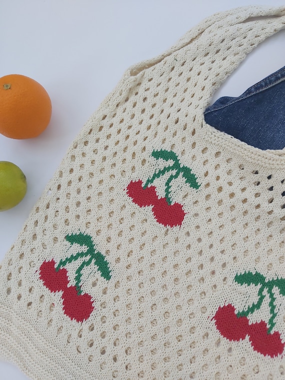Vintage Cherries White Crochet Handwoven Bag | Fa… - image 10