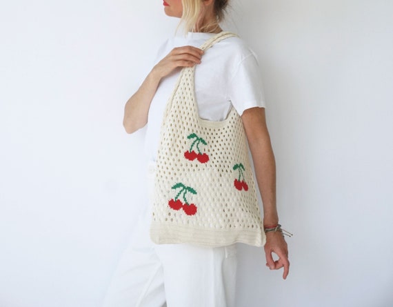Vintage Cherries White Crochet Handwoven Bag | Fa… - image 3