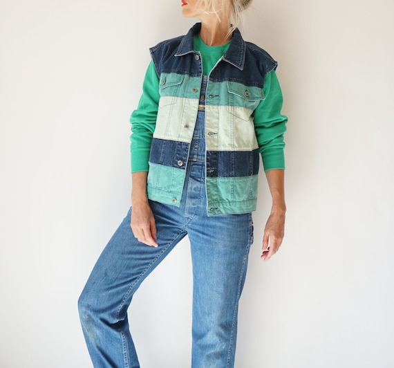 Vintage Striped Denim Vest Jacket | Green Denim Hu