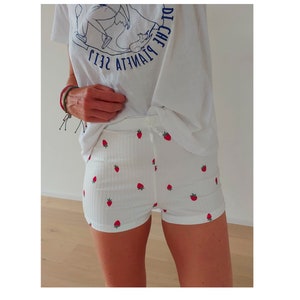 Vintage French Strawberries Pointelle Micro Lounge Shorts | Romantic French White Cotton Rib Knit Easy Shorts | French Pointelle