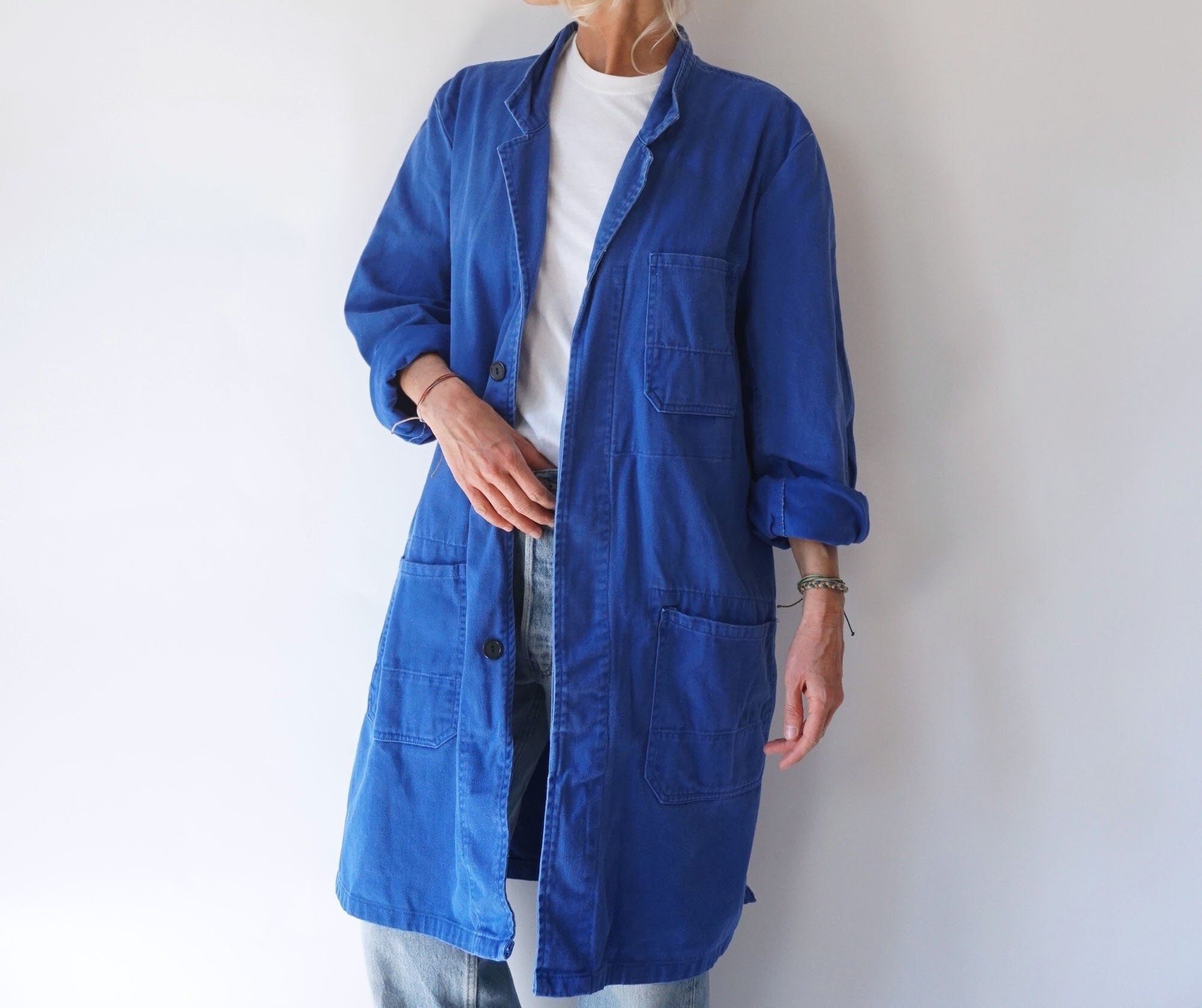 Jonge dame Bijdrage serie Vintage blauwe karwei stofdoek winkel werk jas Utility blauw - Etsy België