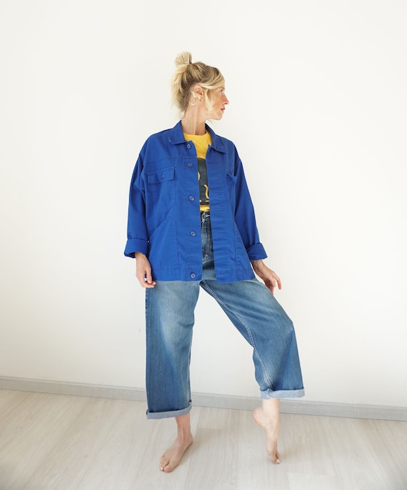 Vintage Royal Blue Cotton Chore Jacket | Cotton German Workwear Jacket | Utility French Work Shirt