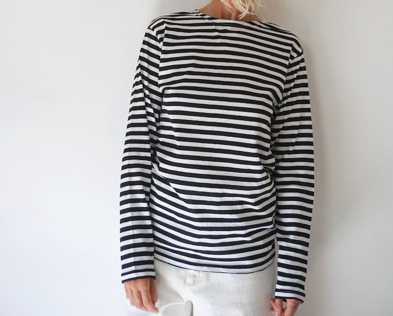 Vintage French Stripes Black and White Cotton T-shirt Boat Neck Long ...