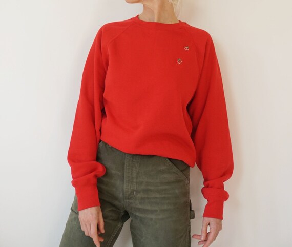 Vintage Strawberry Embroidered Red Raglan Sweatshi