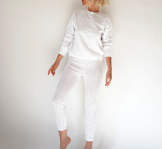 Vintage French White Pointelle Leggings French White Cotton Rib Knit  Leggings French Pointelle Medium 