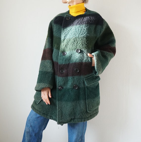 Vintage Hudson Bay Wool Coat | Green Moss Striped