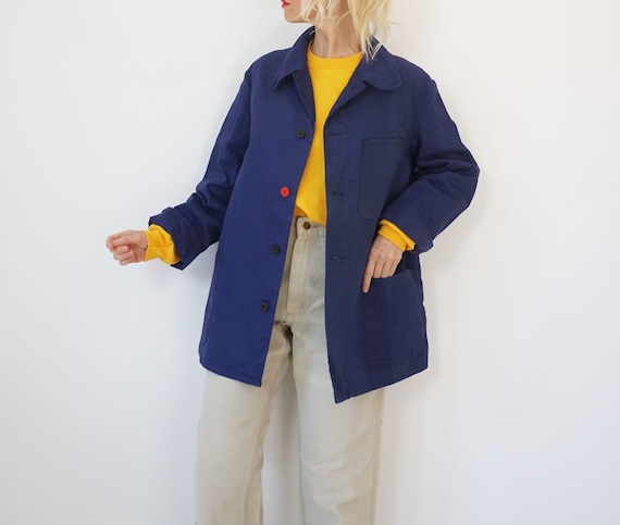 Vintage Indigo Blue Herringbone Cotton Chore Jacket | Unisex German Workwear Shirt | Utility French Workwear Style Shirt | S M L