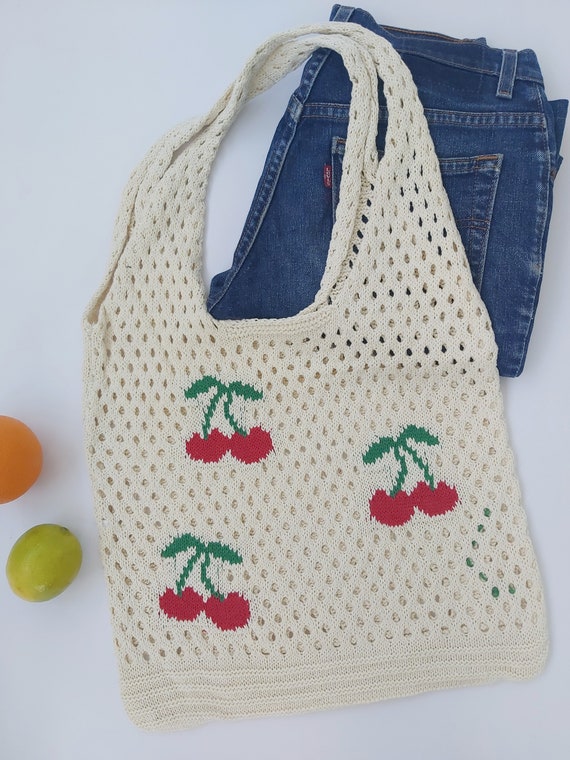 Vintage Cherries White Crochet Handwoven Bag | Fa… - image 9