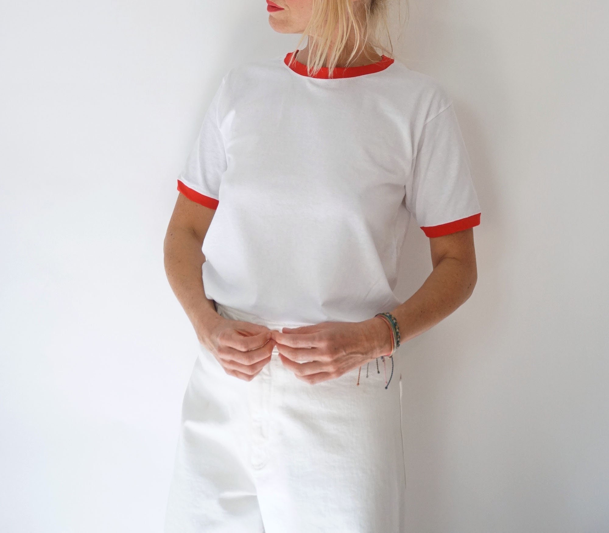 red and white ringer tee