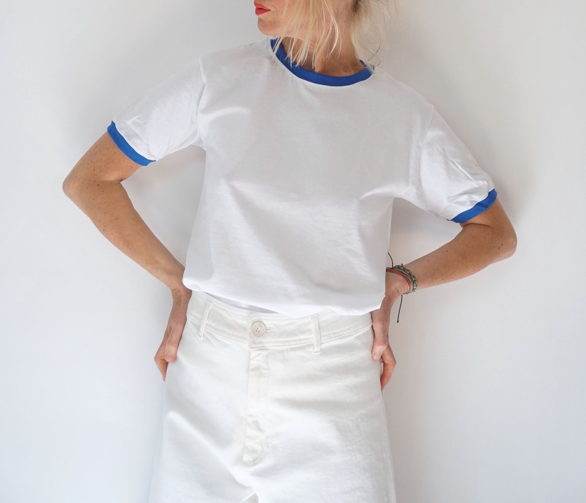 Vintage White Blue Ringer T Shirt | Crewneck Tee Cotton | 100% Cotton ...