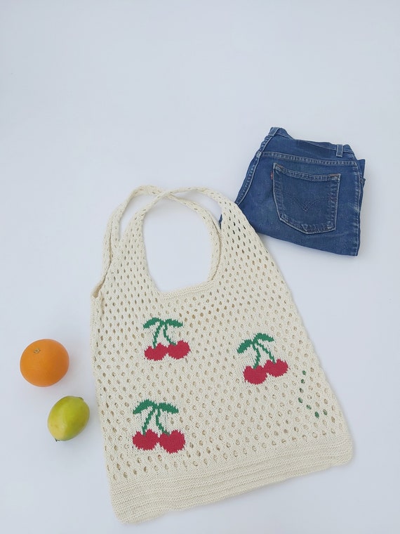 Vintage Cherries White Crochet Handwoven Bag | Fa… - image 4