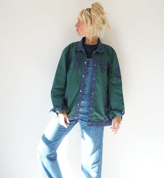 Vintage Duo Tone Green Navy Chore Snap Jacket | Un