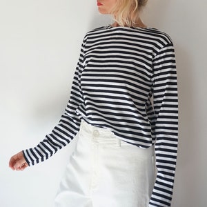 Vintage French Stripes Navy And White Cotton T-Shirt | Boat Neck Long Sleeve Top | Perfect Sailor Mariniere | Breton Shirt