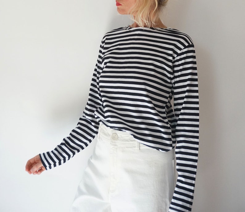 Vintage French Stripes Black and White Cotton T-shirt Boat Neck Long ...